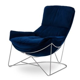 Designerski fotel wypoczynkowy Berco XZ ciemnogranatowy velvet, srebrna podstawa - elegancki fotel lounge premium