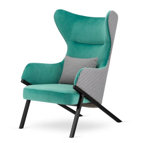 Fotel Classy glamour Turkusowy - uszak do salonu z pepitką i designerską czarną podstawą - wygodny uszak z pepitką do salonu