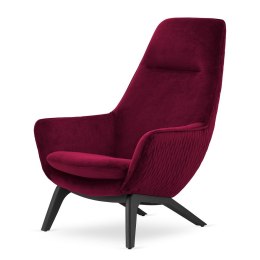 Fotel Orebro bordowy - elegancki fotel skandynawski wypoczynkowy, tapicerowany velvet na drewnianej nodze