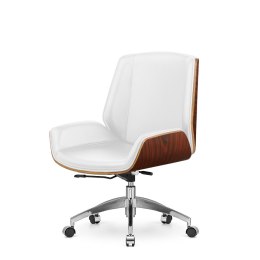 Fotel Timo Low Biała skóra naturalna, Brazylijski palisander, Chromowana obrotowa podstawa - nowoczesny design premium