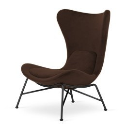 Fotel Varde ciemnobrązowy velvet - elegancki fotel uszak do salonu, nowoczesny styl loftowy, czarna podstawa