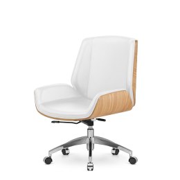 Fotel biurowy Timo Low Biała skóra ekologiczna Jasny dąb Chromowana podstawa na kółkach - wygoda i nowoczesny design