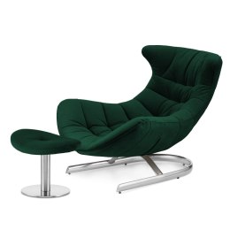 Fotel relaksacyjny Storto XZ z podnóżkiem - butelkowy welur, styl skandynawski, ergonomiczna forma do odpoczynku, srebrna podsta