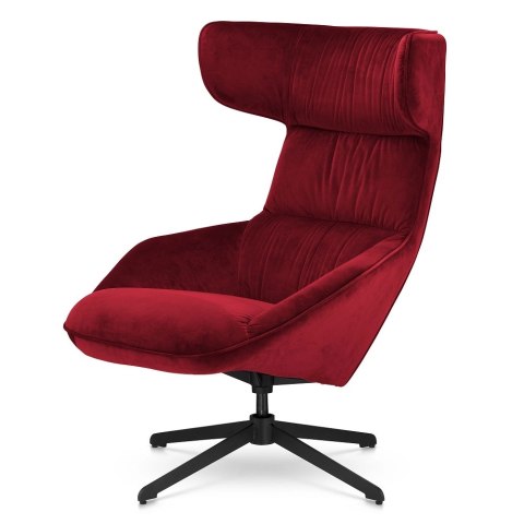 Fotel velvet Czerwony Atero - designerski nowoczesny uszak na czarnej podstawie