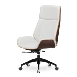Nowoczesny fotel biurowy Timo High skóra naturalna biała, fornir Ebony, czarny design na kółkach