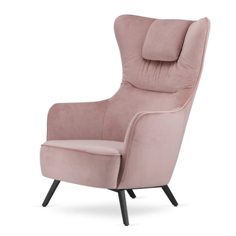 Skandynawski fotel uszak Skive velvet pudrowy róż - elegancki i komfortowy fotel do salonu