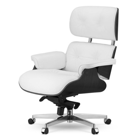Fotel Biurowy Lucera XL w stylu Lounge Chair Biała Skóra Czarny dąb Biały