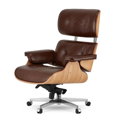 Fotel Biurowy Lucera XL w stylu Lounge Chair Brązowa Skóra Jasny dąb