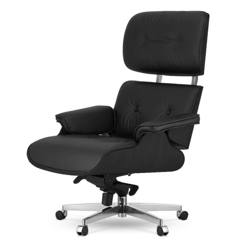Fotel Biurowy Lucera XL w stylu Lounge Chair Czarna Skóra Czarny dąb