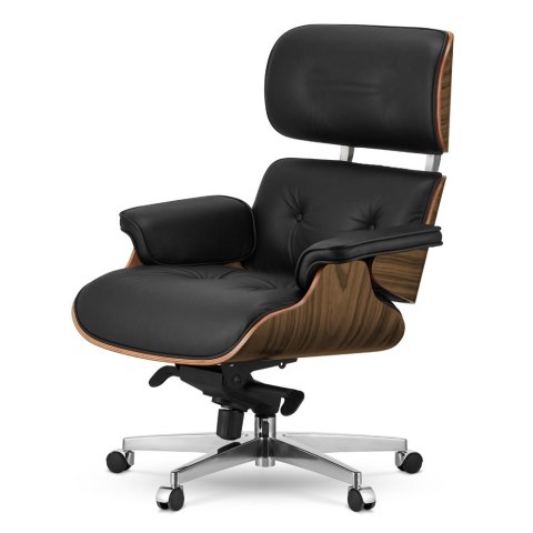 Fotel Biurowy Lucera XL w stylu Lounge Chair Czarna Skóra Jasny Palisander