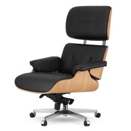 Fotel Biurowy Lucera XL w stylu Lounge Chair Czarna Skóra Jasny dąb