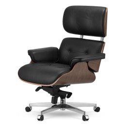 Fotel Biurowy Lucera w stylu Lounge Chair Czarna Skóra Jasny orzech