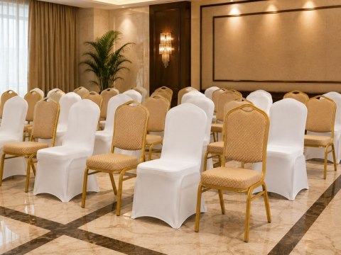 Zestaw 2 krzeseł bankietowych HERA beżowy + 2 pokrowce WEDING białe